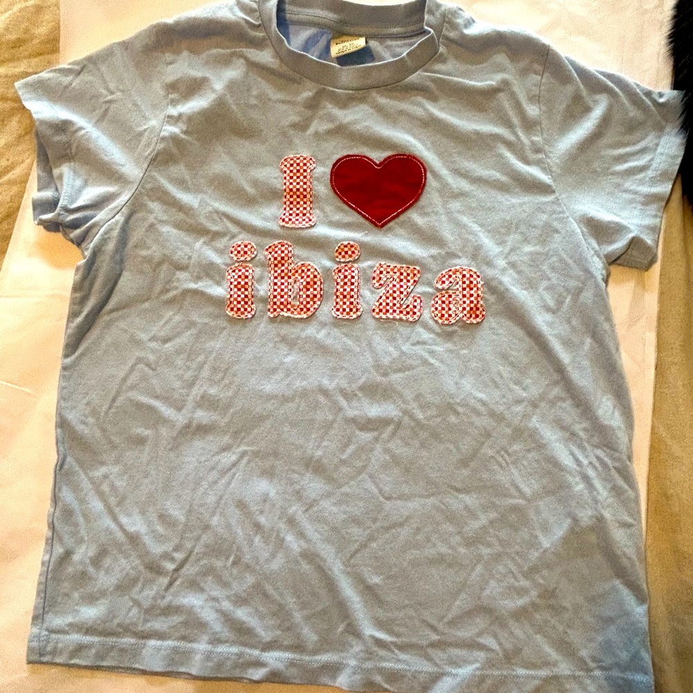 Urban Outfitters Light Blue Tee with Red Heart and Checkered Text